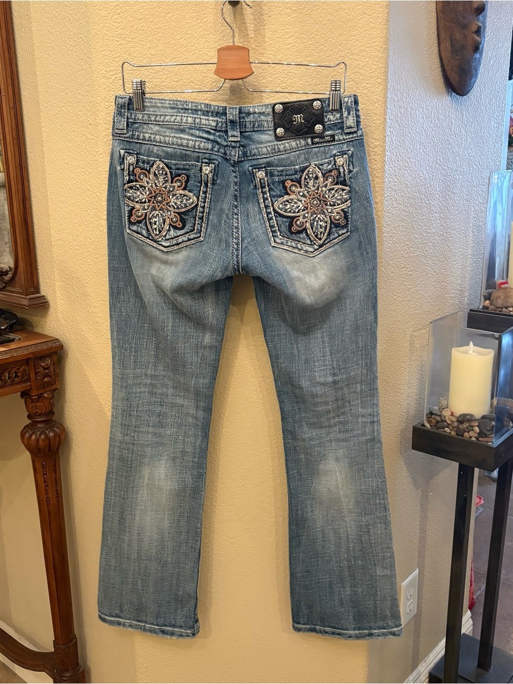 MISS ME Light Blue Embellished Rhinestone Signature-Rise Boot Jeans Size 30